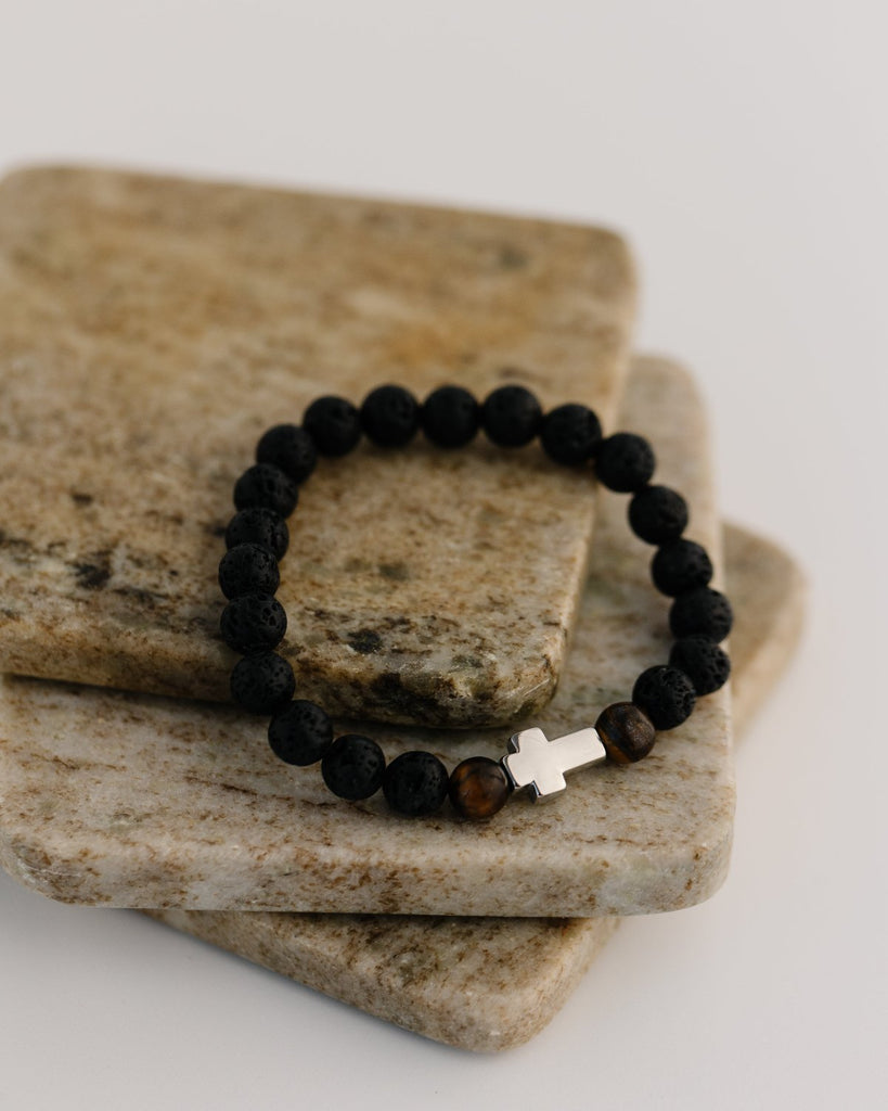 Mens lava bead and tigers eye bracelet with silver cross connector