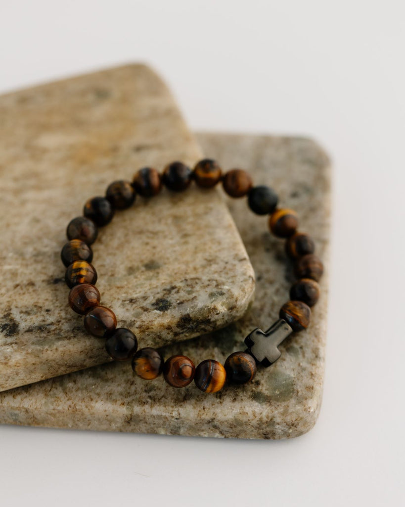 mens tigers eye and lava bead bracelet with black stainless steel cross connector