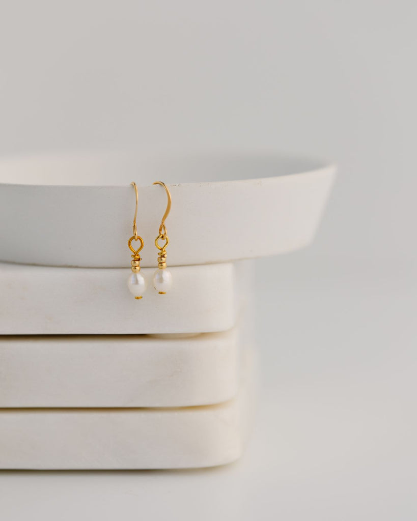 tiny gold and pearl drop earrings