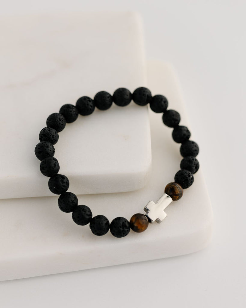 lava bead and tigers eye beaded bracelet with stainless steel cross connector